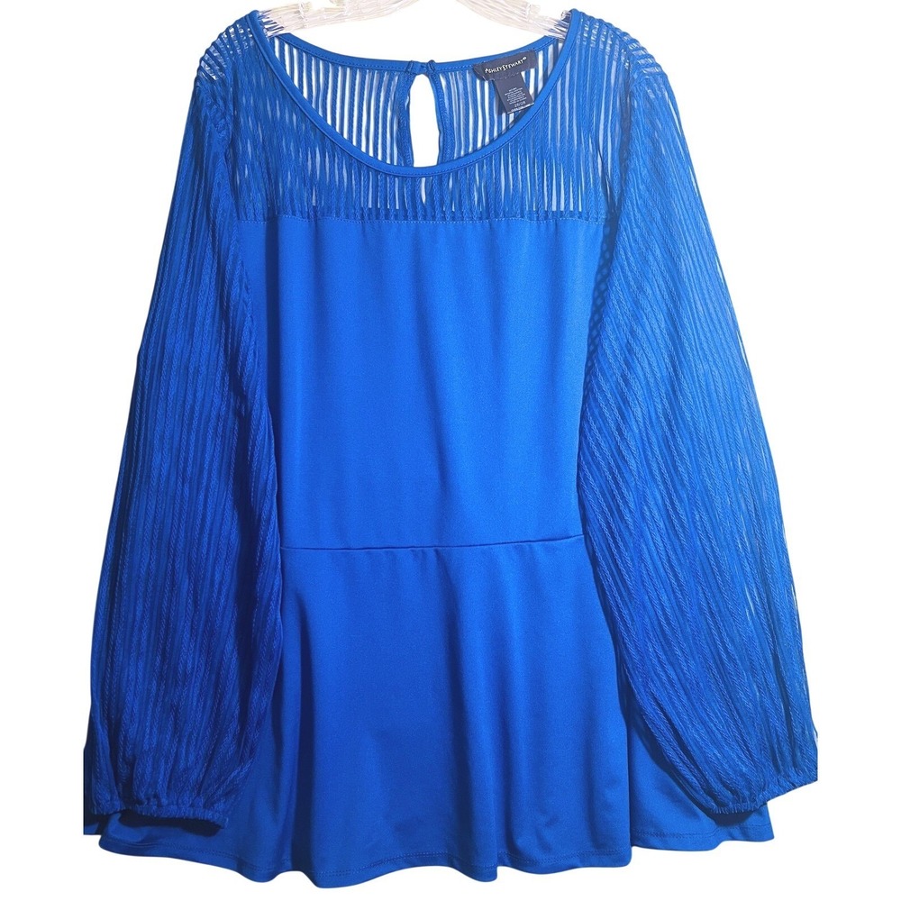 Ashley Stewart Blouse Womens 26/28 Plus Size Blue Sheer Stripe Sleeve Tunic Top